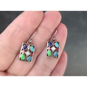 925 Sterling Silver Multicolored Enamel Rectangular Dangling Pierced Earrings